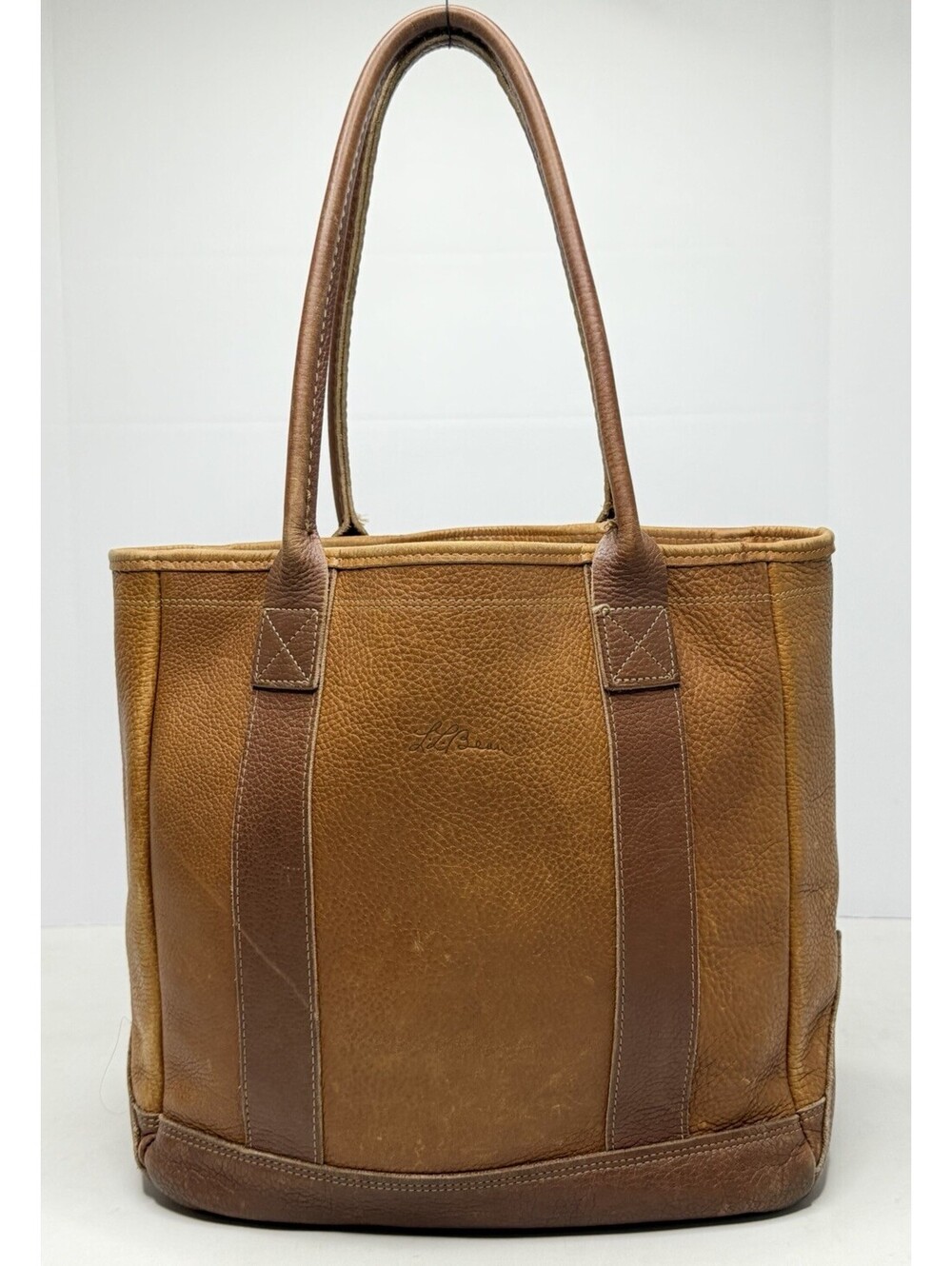 Rare Vintage LL Bean Tote Bag - Cursive Script Classic Brown Pebbled Leather